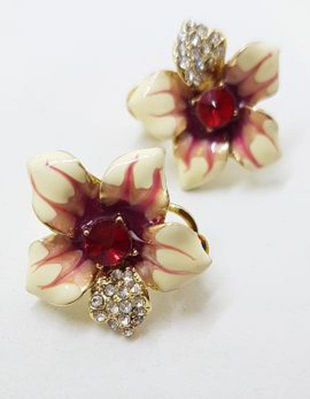 Plated Very Large Red and Rhinestone Flower Necklace and Earring Set - Costume Jewellery