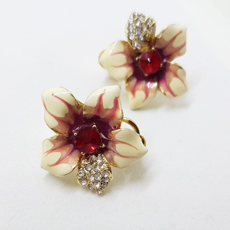 Plated Very Large Red and Rhinestone Flower Necklace and Earring Set - Costume Jewellery