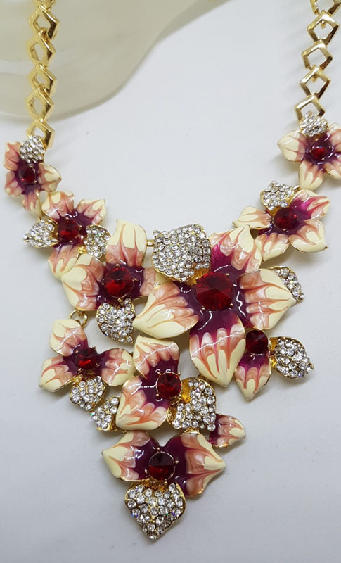 Plated Very Large Red and Rhinestone Flower Necklace and Earring Set - Costume Jewellery