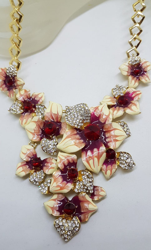 Plated Very Large Red and Rhinestone Flower Necklace and Earring Set - Costume Jewellery