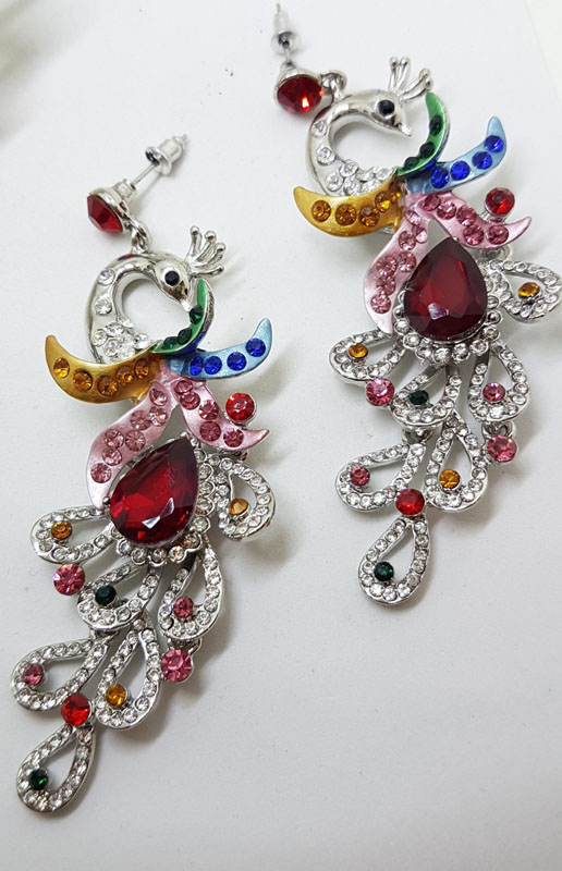 Plated Very Large Multi-Colour with Rhinestone Peacock Necklace and Earring Set - Costume Jewellery