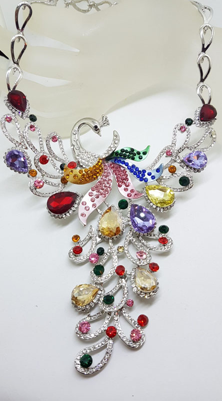 Plated Very Large Multi-Colour with Rhinestone Peacock Necklace and Earring Set - Costume Jewellery
