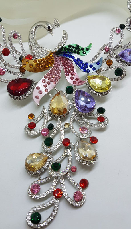 Plated Very Large Multi-Colour with Rhinestone Peacock Necklace and Earring Set - Costume Jewellery