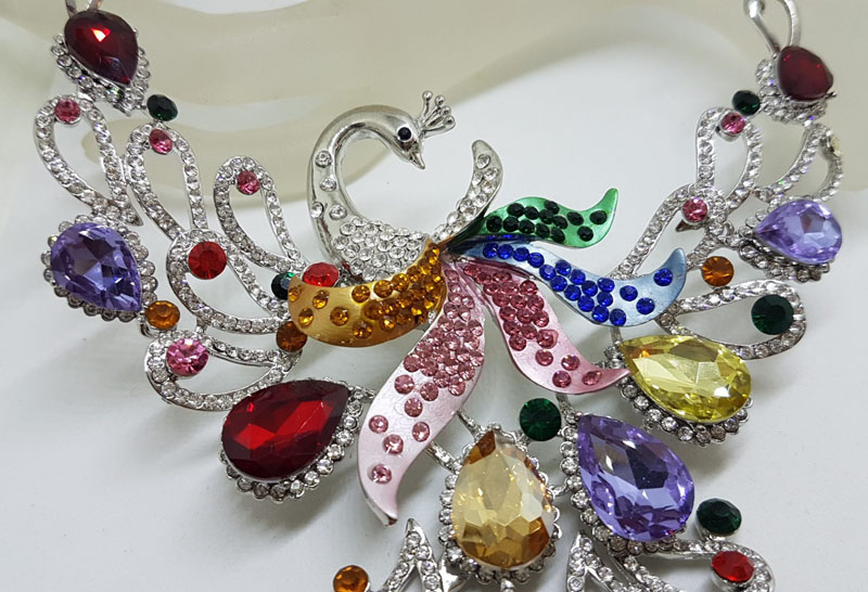 Plated Very Large Multi-Colour with Rhinestone Peacock Necklace and Earring Set - Costume Jewellery