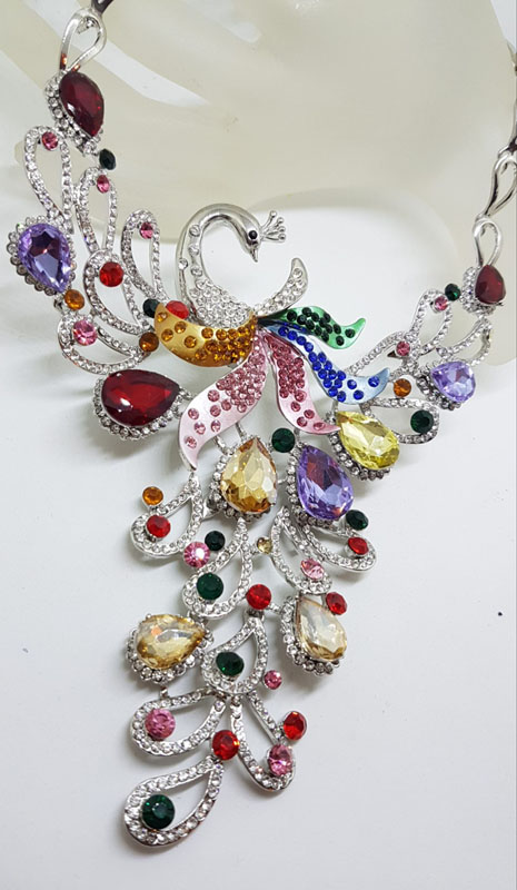 Plated Very Large Multi-Colour with Rhinestone Peacock Necklace and Earring Set - Costume Jewellery