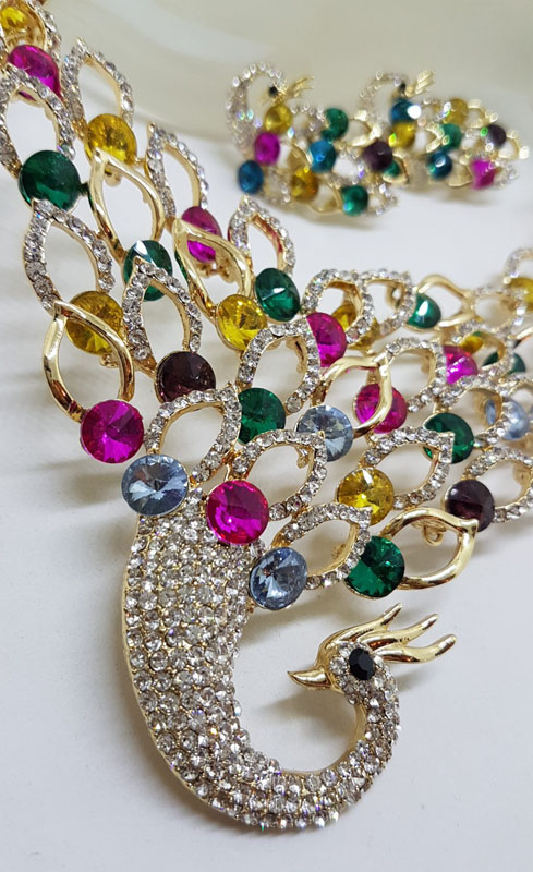 Plated Very Large Multi-Colour with Rhinestone Peacock Necklace and Earring Set - Costume Jewellery