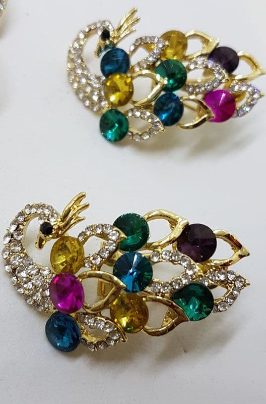 Plated Very Large Multi-Colour with Rhinestone Peacock Necklace and Earring Set - Costume Jewellery
