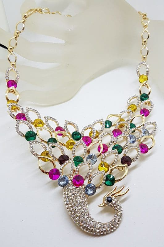 Plated Very Large Multi-Colour with Rhinestone Peacock Necklace and Earring Set - Costume Jewellery