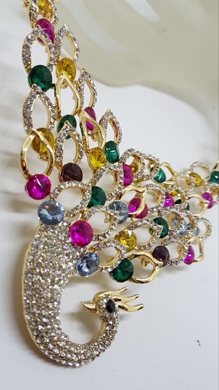 Plated Very Large Multi-Colour with Rhinestone Peacock Necklace and Earring Set - Costume Jewellery