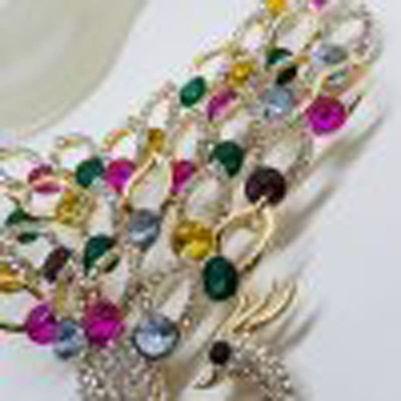 Plated Very Large Multi-Colour with Rhinestone Peacock Necklace and Earring Set - Costume Jewellery