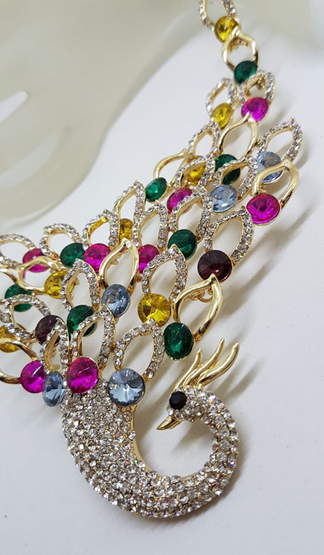 Plated Very Large Multi-Colour with Rhinestone Peacock Necklace and Earring Set - Costume Jewellery