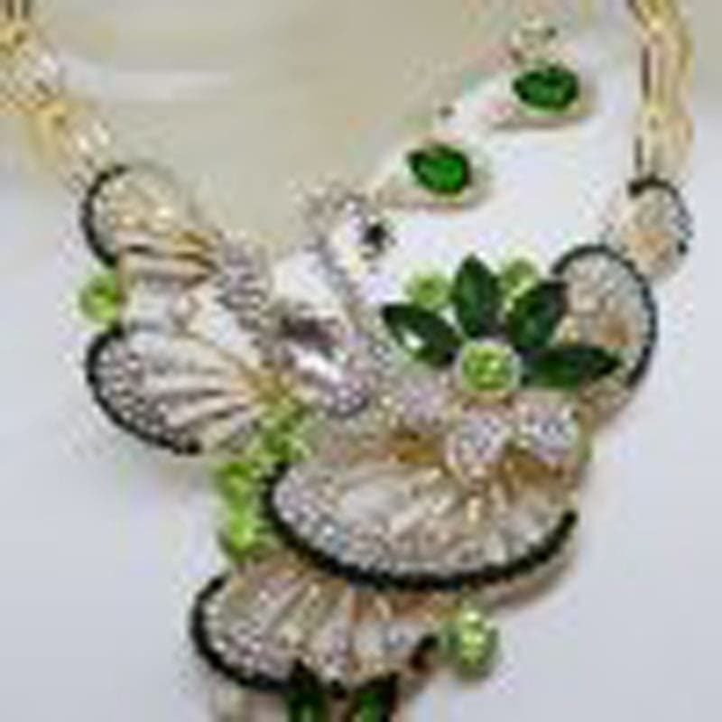 Plated Very Large Green with Rhinestone Swan Necklace and Earring Set - Costume Jewellery