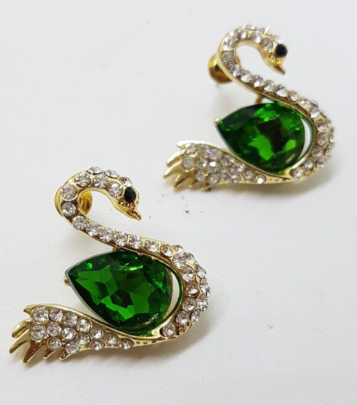 Plated Very Large Green with Rhinestone Swan Necklace and Earring Set - Costume Jewellery