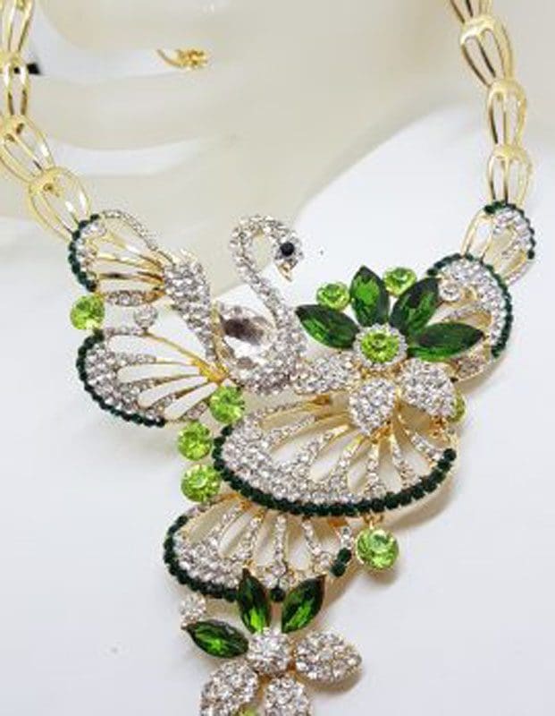 Plated Very Large Green with Rhinestone Swan Necklace and Earring Set - Costume Jewellery