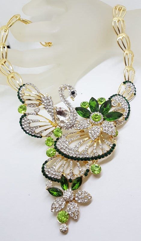 Plated Very Large Green with Rhinestone Swan Necklace and Earring Set - Costume Jewellery