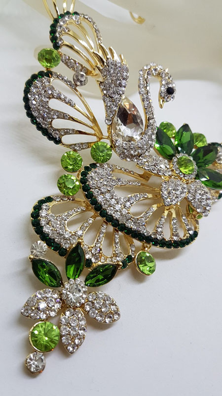 Plated Very Large Green with Rhinestone Swan Necklace and Earring Set - Costume Jewellery