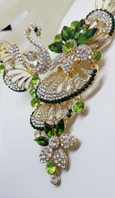 Plated Very Large Green with Rhinestone Swan Necklace and Earring Set - Costume Jewellery