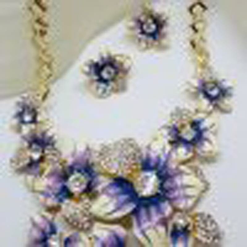 Plated Very Large Blue and Rhinestone Flower Necklace and Earring Set - Costume Jewellery