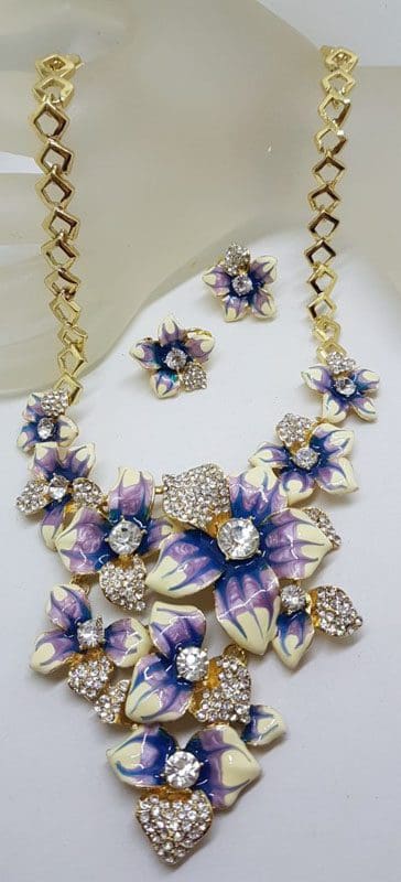 Plated Very Large Blue and Rhinestone Flower Necklace and Earring Set - Costume Jewellery