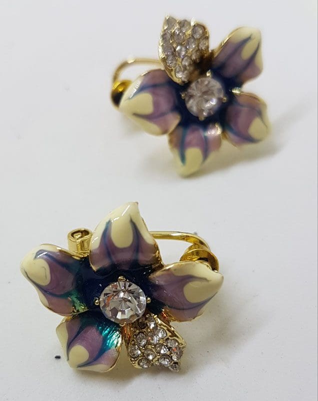 Plated Very Large Blue and Rhinestone Flower Necklace and Earring Set - Costume Jewellery