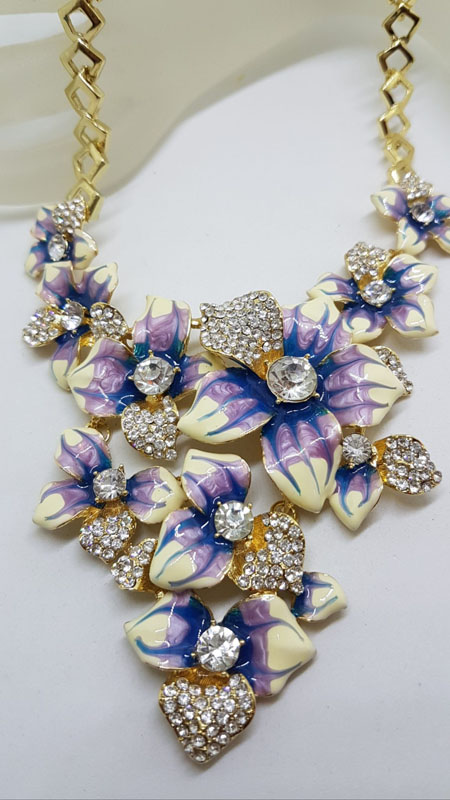 Plated Very Large Blue and Rhinestone Flower Necklace and Earring Set - Costume Jewellery