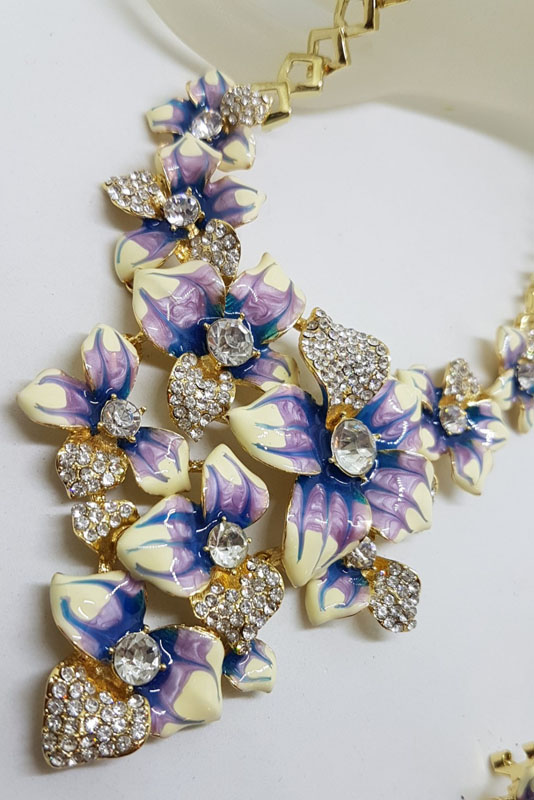 Plated Very Large Blue and Rhinestone Flower Necklace and Earring Set - Costume Jewellery