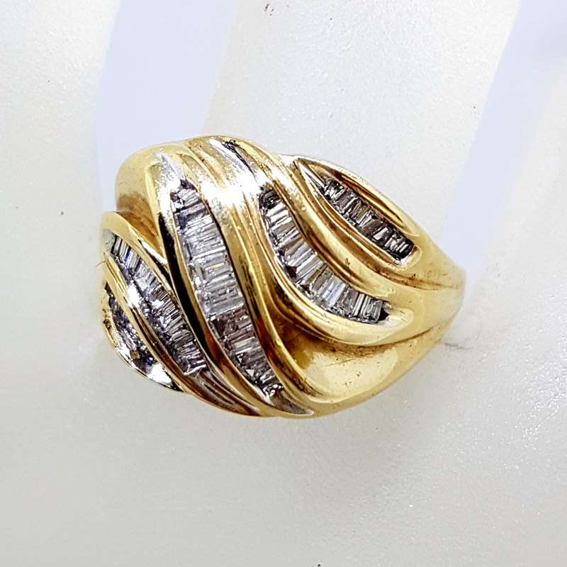 9ct Yellow Gold Wide Channel Set Diamond Cluster Unusual Shape Ring - Vintage