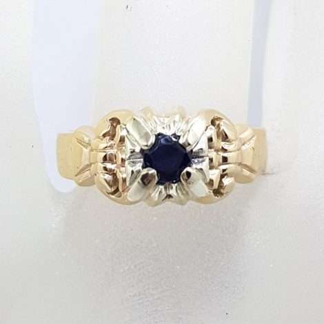18ct Yellow Gold Natural Sapphire in Ornate Setting Ring - Antique / Vintage