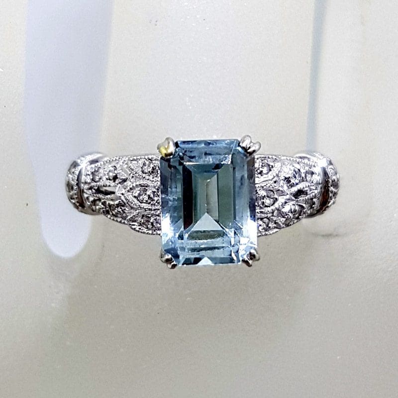 14ct White Gold Rectangular Topaz with Ornate Set Diamond Ring