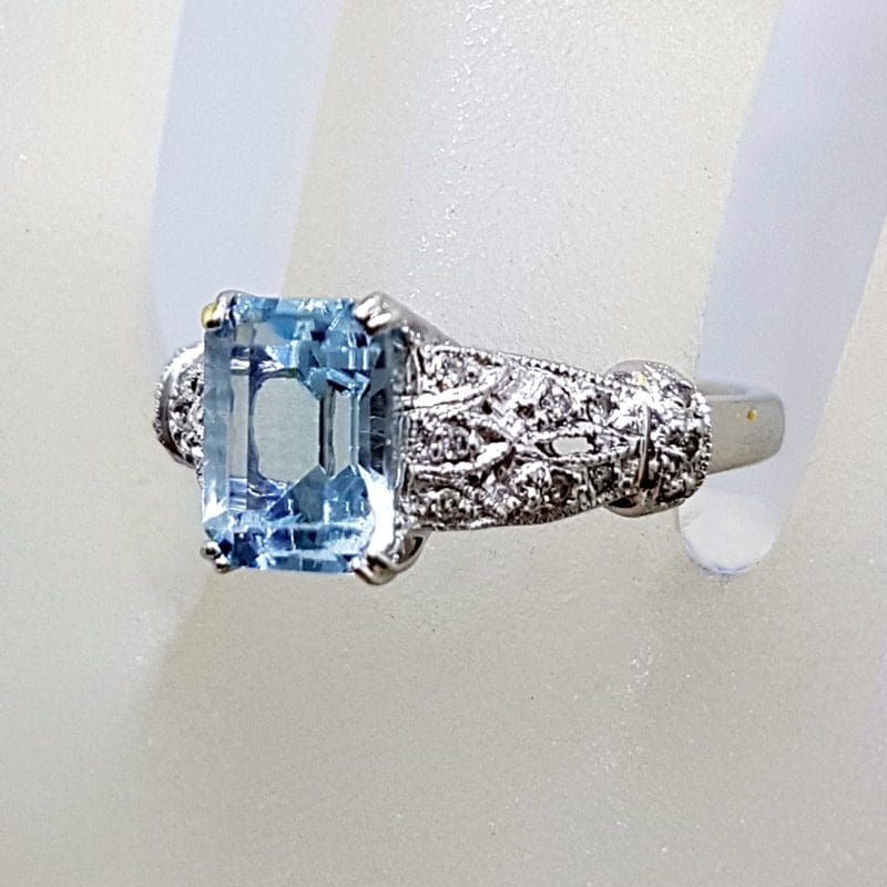14ct White Gold Rectangular Topaz with Ornate Set Diamond Ring