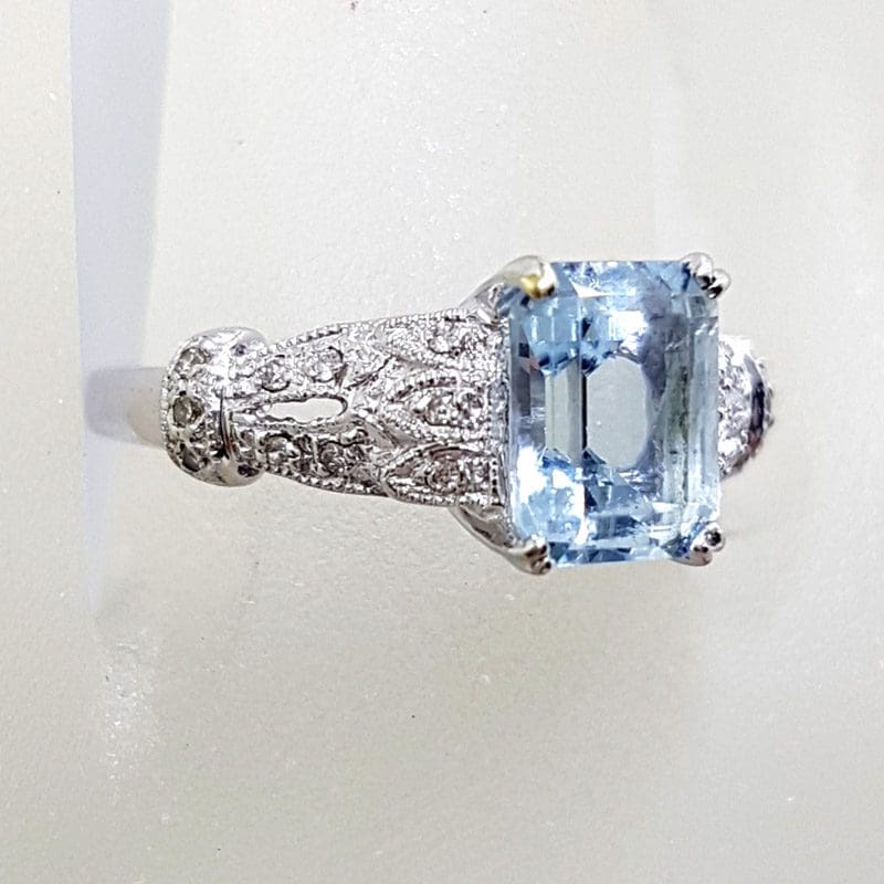 14ct White Gold Rectangular Topaz with Ornate Set Diamond Ring
