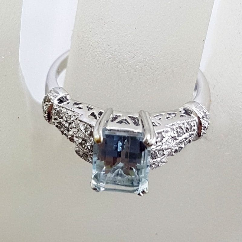 14ct White Gold Rectangular Topaz with Ornate Set Diamond Ring