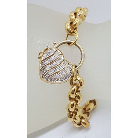 9ct Yellow Gold Belcher Link Bracelet with Diamond Heart Padlock Clasp