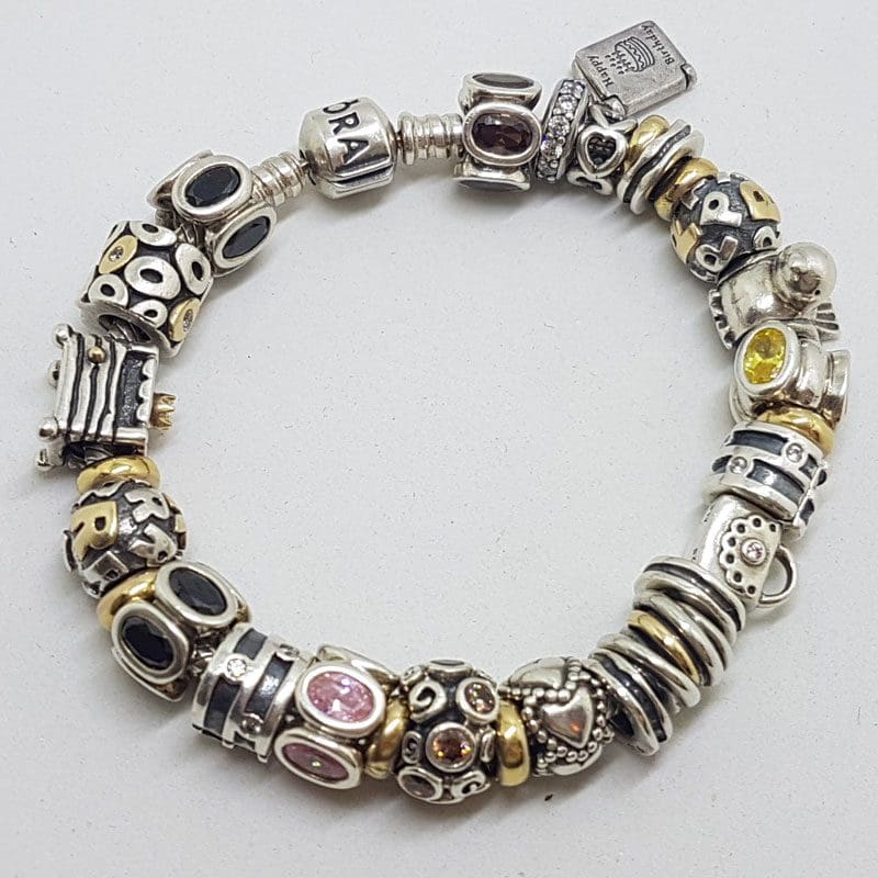 Sterling Silver with Gold Pandora Charm Bracelet with Charms
