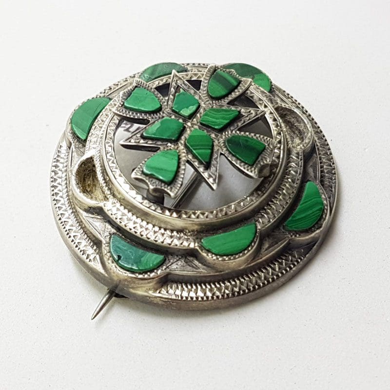 Sterling Silver Large Round Malachite Scottish Brooch - Antique / Vintage