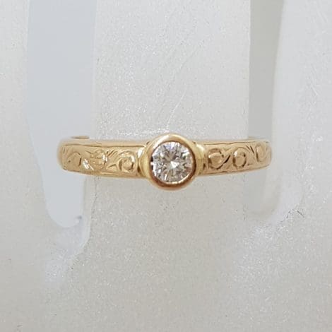9ct Rose Gold Bezel Set Diamond Solitaire Ornate Motif Engagement Ring