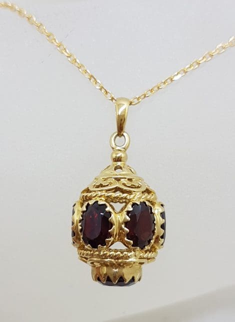 9ct Yellow Gold Ornate Filigree Stunning Garnet “Lantern” Pendant on Gold Chain