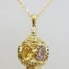 9ct Yellow Gold Ornate Filigree Stunning “Lantern” Pendant on Gold Chain with Amethyst, Peridot, Citrine, Sapphire and Smokey Quartz