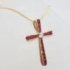 9ct Yellow Gold Created Ruby with Diamond Channel Set Cross / Crucifix Pendant on Gold Chain