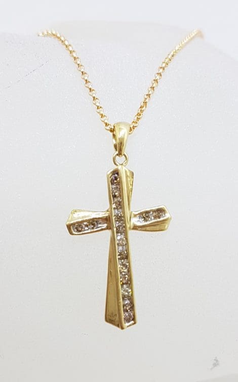 9ct Yellow Gold Channel Set Diamond Cross / Crucifix Pendant on Gold Chain