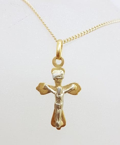 9ct Yellow Gold & White Gold - Two Tone - Cross / Crucifix Pendant on Gold Chain