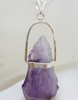 Sterling Silver Very Large Natural Free Form Amethyst Crystal Pendant on Silver Chain