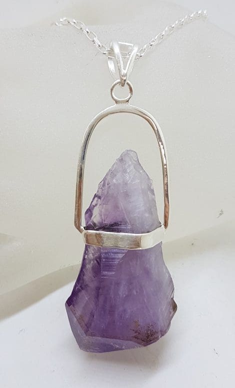 Sterling Silver Very Large Natural Free Form Amethyst Crystal Pendant on Silver Chain