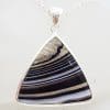 Sterling Silver Large Triangular Shape Black Banded Onyx / Agate Pendant on Silver Chain