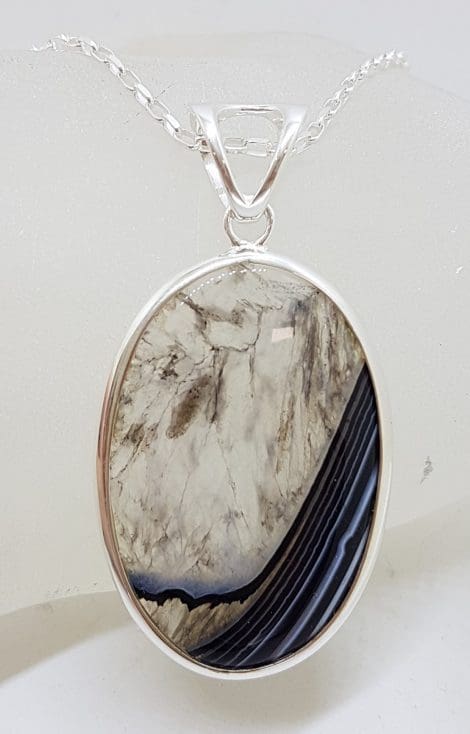 Sterling Silver Large Oval Black Banded Onyx / Agate Pendant on Silver Chain