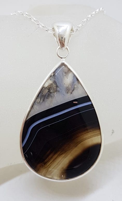 Sterling Silver Large Teardrop / Pear Shape Black Banded Onyx / Agate Pendant on Silver Chain