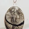 Sterling Silver Large Oval Black Banded Onyx / Agate Pendant on Silver Chain