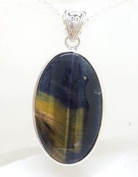 Sterling Silver Large Oval Blue Tiger Eye Pendant on Silver Chain
