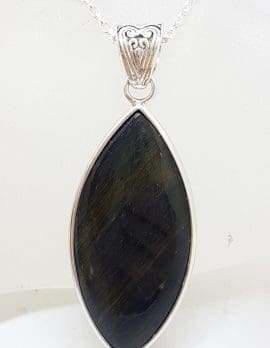 Sterling Silver Large Marquis Shape Blue Tiger Eye Pendant on Silver Chain