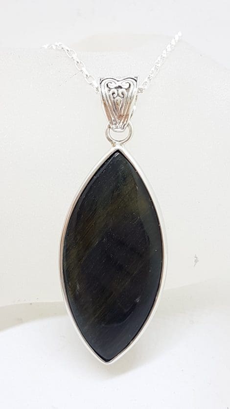 Sterling Silver Large Marquis Shape Blue Tiger Eye Pendant on Silver Chain